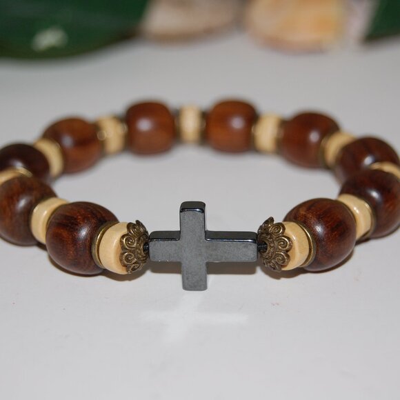 Cross Bracelet,Wood Bracelet,Cross Wood Bracelet,Rosary Bracelet,Wood Rosary Bra - Picture 1 of 2